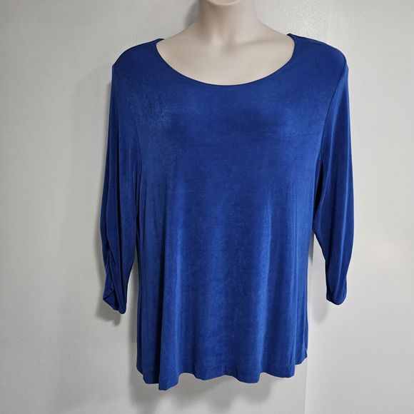 Chico's Travelers Size 3 (XL) Cobalt Blue Stretch Knit 3/4 Shirred Sleeve Tunic - Picture 1 of 5